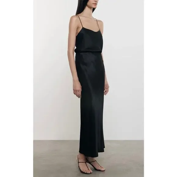 ENZA COSTA Satin Bias Cut Skirt Womens Small 1 Black Midi Pull on Slip Maxi NWOT - Picture 2 of 16